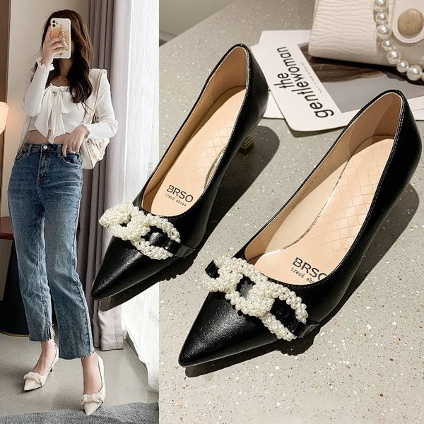 

luxury dress shoes white high thin 2021 summer net red pearl chain pointed single middle heel's work sho, Black