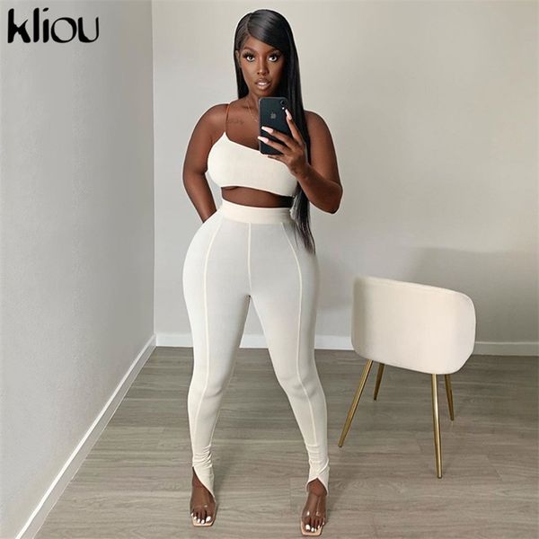 

kliou women one shoulder tracksuit two piece set fitness sleeveless slash neck crop pants elastic hight streetwear outfit 211105, White