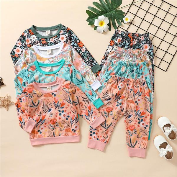 

clothing sets 1-5 year girls spring autumn casual clothes set leaves and flower printed pattern pullover pants infant sportswear, White