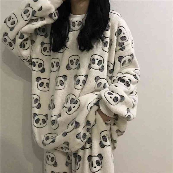 

autumn winter sleep lounge women sleepwear pajama long sleeved korean set warm flannel cartoon pyjamas thin velvet girls, Black;red