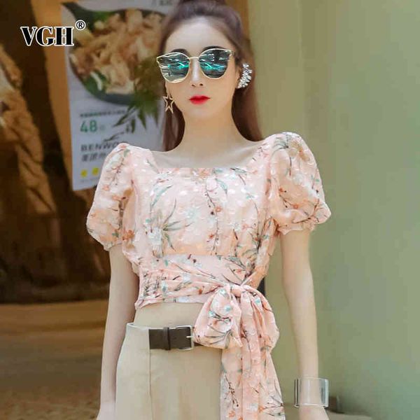 

vgh slim print hit color shirt for women square collar puff sleeve lace up bowknot elegant short blouse female fashion new tide 210421, White