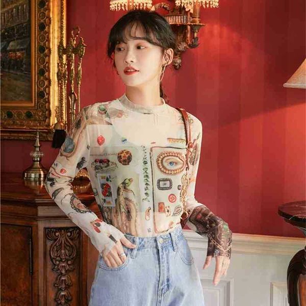 

women's t-shirt autumn long sleeve mesh women graphic t print tshirt vintage ladies aesthetic tee femme n9ie, White