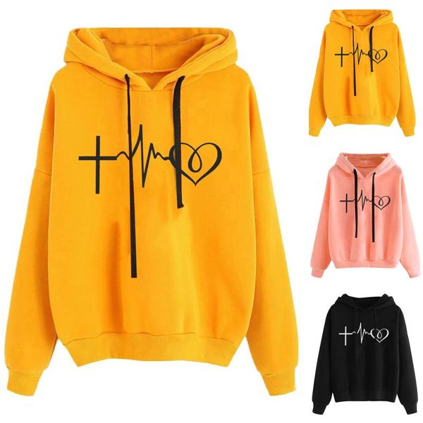 

women's hoodies & sweatshirts 2021 autumn winter sweatshirt long sleeve heartbeat pattern printed velvet sweater loose student drop, Black