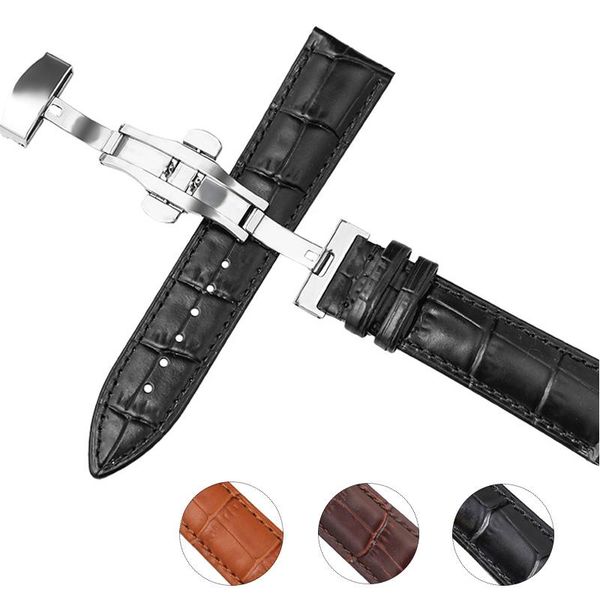 

watch bands genuine leather band 16mm 18mm 20mm universal butterfly buckle 22mm strap, Black;brown
