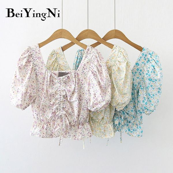 

summer floral printed blouses blusas womens cropped girls puff sleeve chic drawstring backless shirts 210427, White