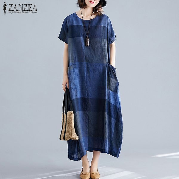 

zanzea fashion womens check sundress summer dress short sleeve maxi vestidos female casual dress plus size o neck plaid robe, Black;gray