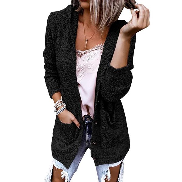 

women's knits & tees pure color pocket women cardigan long sleeve button plush outerwear hooded autumn coat, White