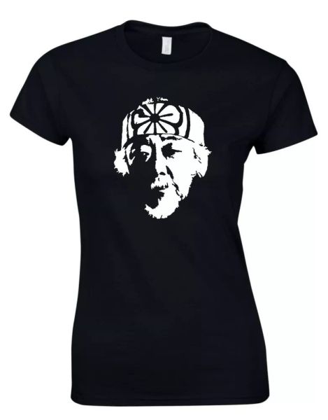 

mr miyagi karate kid inspired cult 80s movie film womens t shirt, White;black
