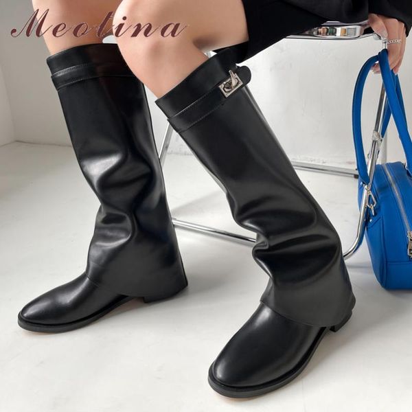 

boots meotina women shoes genuine leather riding thick heel knee high med round toe ladies autumn winter 34-40, Black