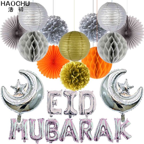 24 stücke Ramadan Kareem Festival Dekoration Eid Mubarak Folienballons Mond Sterne Party Seidenpapier Laterne Fan Blumen Gold Silber 210408