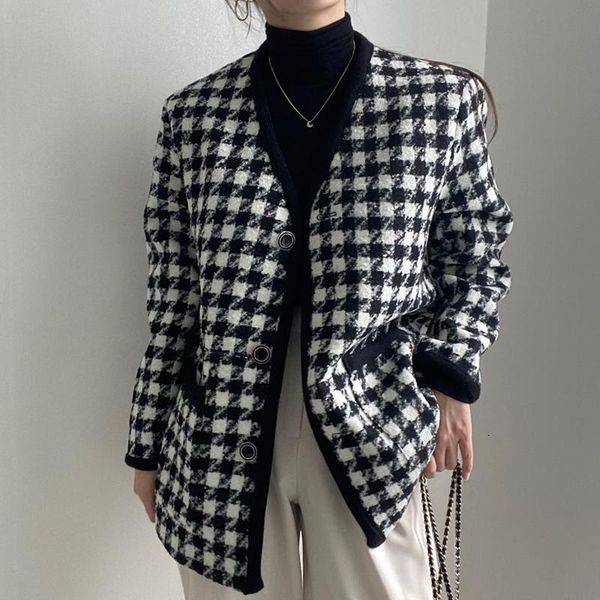 

women's jackets [ewq] 2021 autumn winter female v-neck long-sleeved single breasted minimalist patchwork panelled plaid woolen suit coa, Black;brown