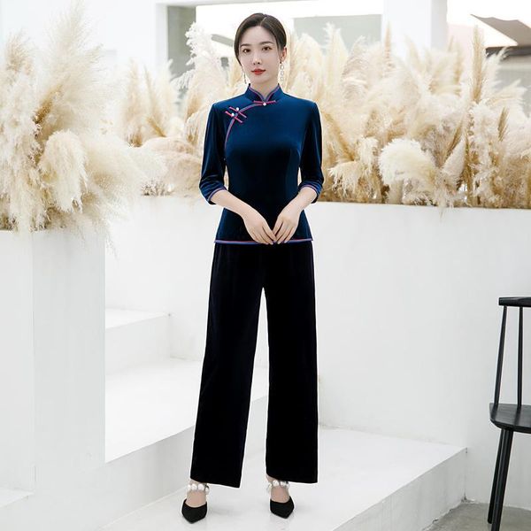 

ethnic clothing velvet navy-blue mandarin collar three-quarter sleeve chinese qipao clothes cheongsam plus size dresses for women 4xl 5xl, Red