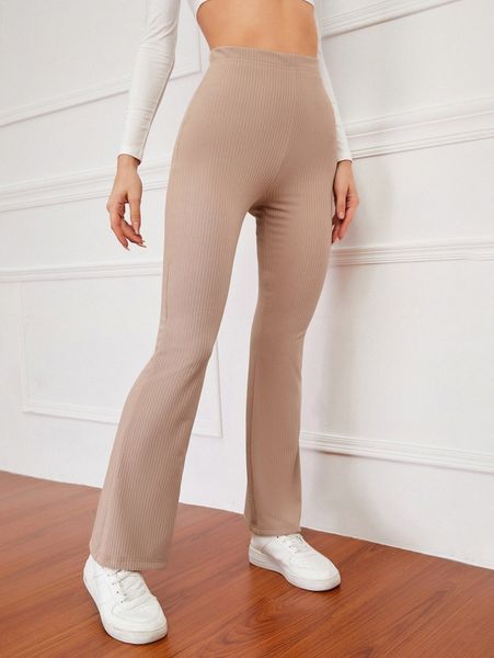 

high waist ribbed knit flare leg pants h81i#, Black;white