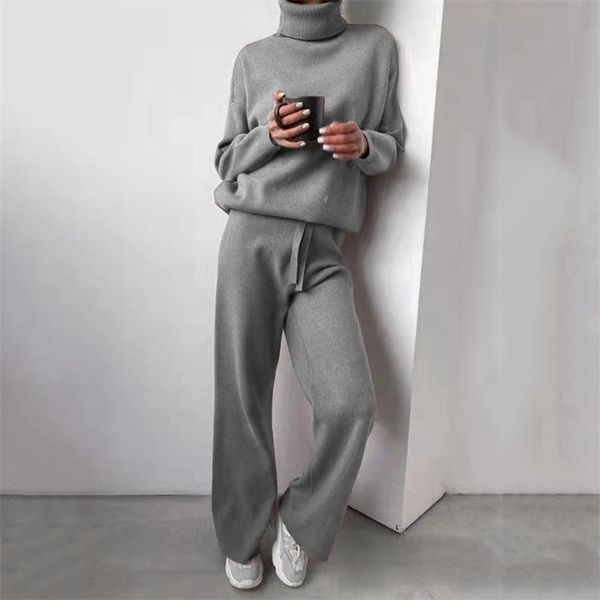 

2 pieces set women knitted tracksuit turtleneck sweater + wide-leg straight pants suit solid casual outwear 220315, White