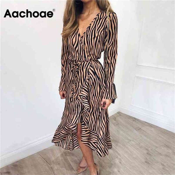 

aachoae long dresses women zebra print beach bohemian maxi dress casual long sleeve v neck ruffles party dress vestidos 210915, Black;gray