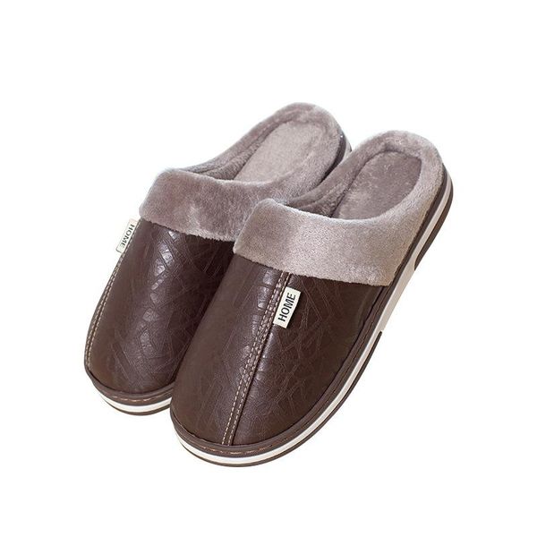 

men's slippers home winter indoor warm shoes thick bottom plush waterproof leather house man cotton 2021, Black