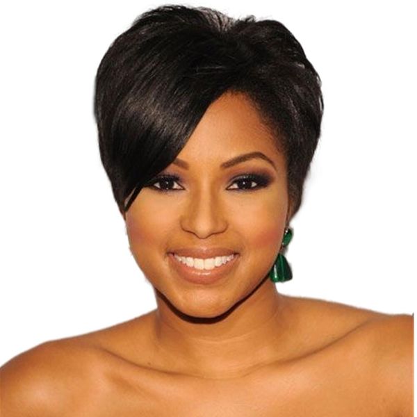 

brazilian pixie straight virgin human hair side little lace front wigs glueless short bob humanhair wigs with bangs for black women, Black;brown