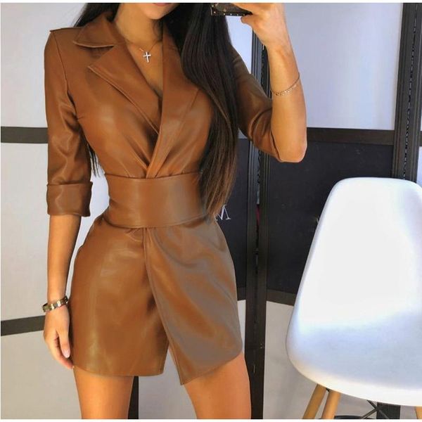

casual dresses notched pu bandage women's dress pure faux leather ladies jacket-dress with belt spring autumn winter vintage office lad, Black;gray
