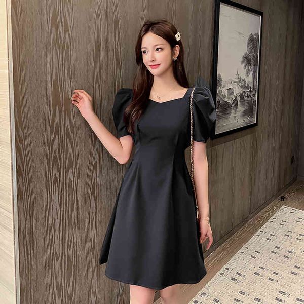 

summer women's vintage hepburn style puff sleeve square collar solid back hight waist draped a line casual dress 210514, Black;gray