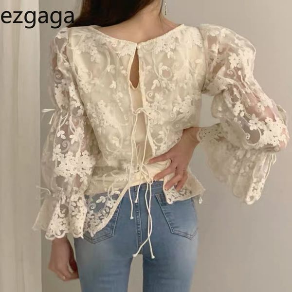 

ezgaga women shirts autumn vintage chic bandage long flare sleeve hollow out lace flower patchwork korean fashion elegant 210430, White