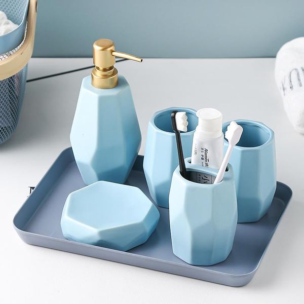 

bath accessory set european-style ceramic geometric wash bathroom five-piece toothbrushing cup soap dispenser dish decoration