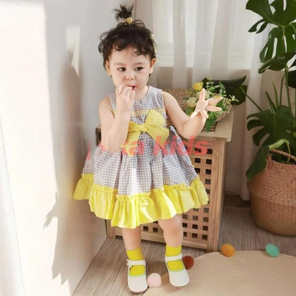 

girl's dresses baby clothing spanish vintage lolita sleeveless bow plaid ball gown birthday party easter eid cute princess dress for gi, Red;yellow