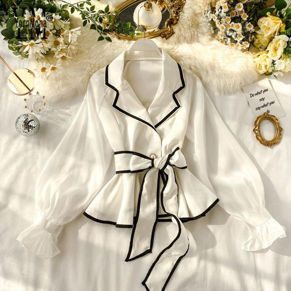 

good quality white black women blouses office elegant sashes bandage ins fashion puff sleeve shirt blusas mujer