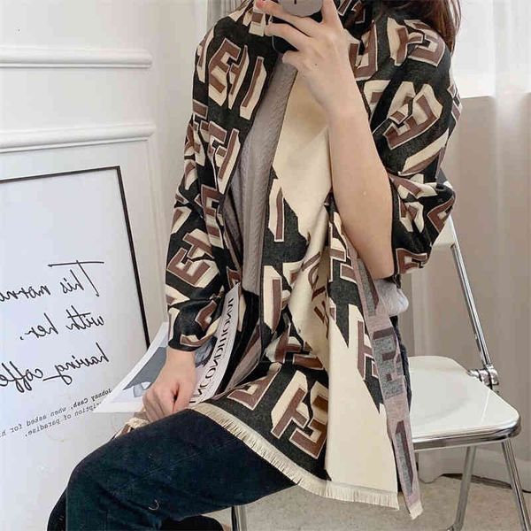 

shawl et letter scarf women's autumn and winter 21 jacquard imitation cashmere rectangular warm thickened fashion versatile, Blue;gray