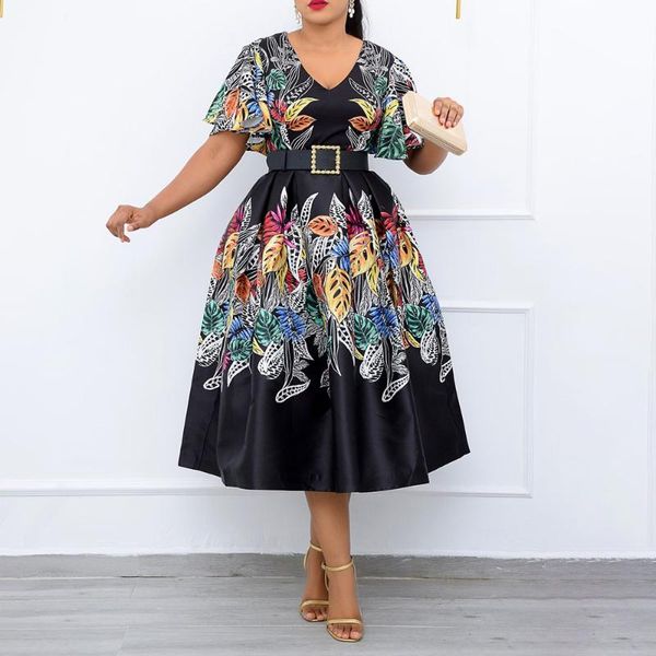 

plus size dresses vintage retro summer solid color printing african oversize high waist women's dress v-neck casual fashion, Black