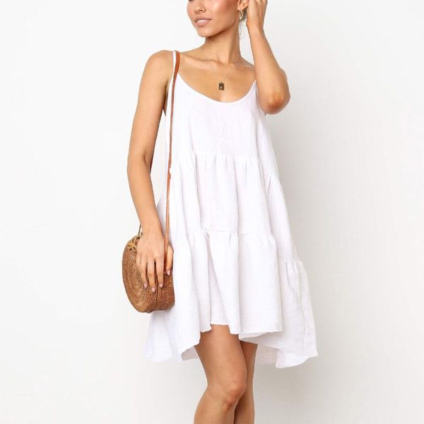 

casual dresses camisole women summer ruffle o-neck solid sleeveless dress bandage ladies loose beach sundress #t3g, Black;gray