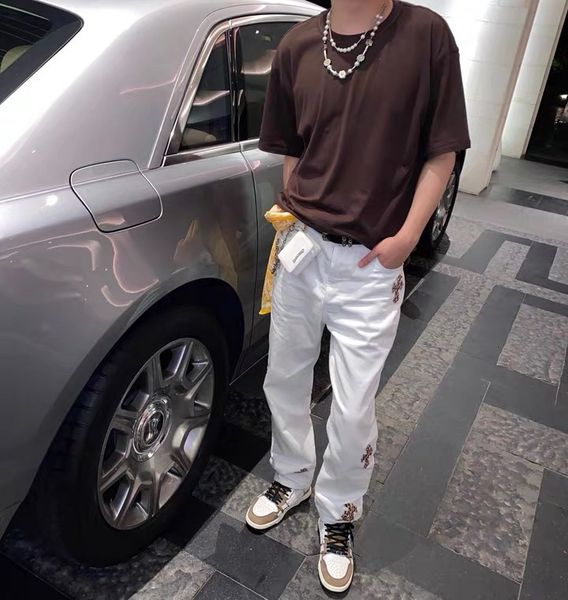 

jeans high version crow ch leopard cross color leather street unisex, Blue