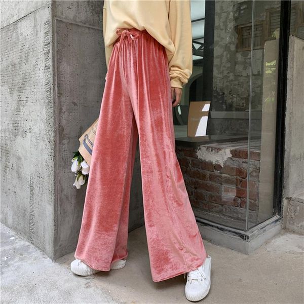 

women's pants & capris 2021 autumn winter velvet wide leg drawing high waist female solid chic casual loose streetwear trousers, Black;white