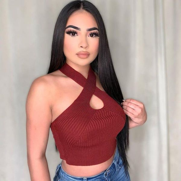 

running jerseys wrapped breast crop women mouwlless a word hard backless button neck effects skinny vest 2021, Black;blue