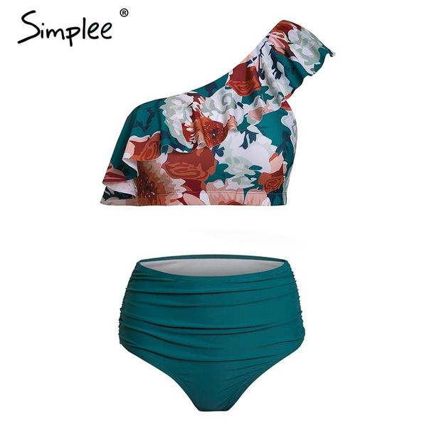

simplee bohemian floral print women swimwear co-ordinates summer beach wear female swimsuit ruffled one shoulder ladies women's, White;black