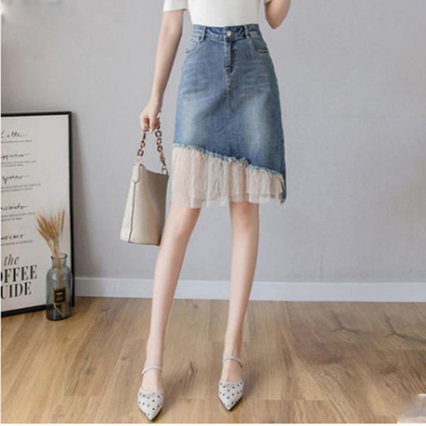 

women fashion lace stitching denim skirt spring summer korean high waist stylish a-line ladies jeans skirts w199, Black