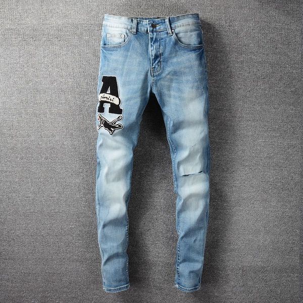 

men's jeans alta qualidade streetwear designer jeans marca masculina rasgado collants homens hip hop reunindo emenda grande uma carta d, Blue