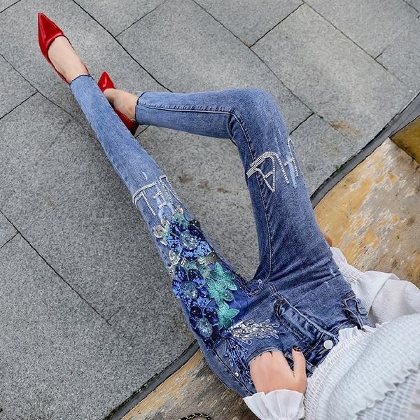 

women's jeans korean women spring autumn ins fashion embroidered stereoscopic pencil pants girl ladies denim skinny, Blue