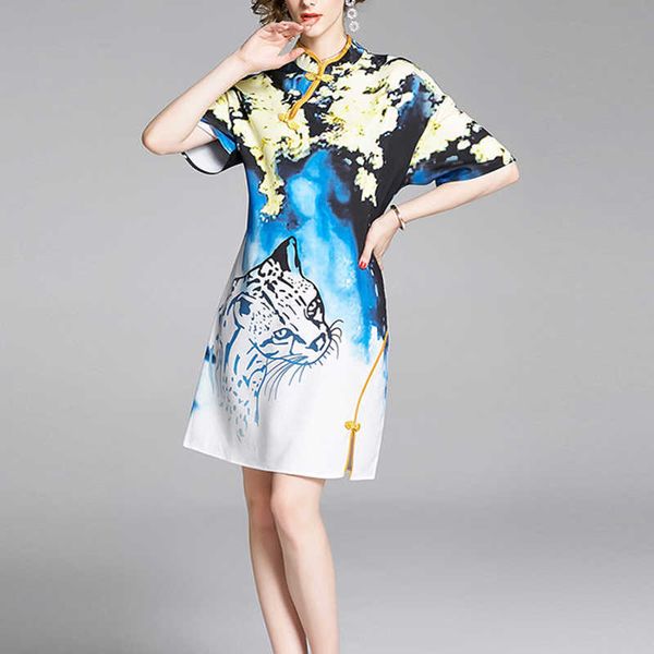 

perhaps u women leopard print short sleeve mini dress summer a-line mandarin collar zipper dress d2567 210529, Black;gray