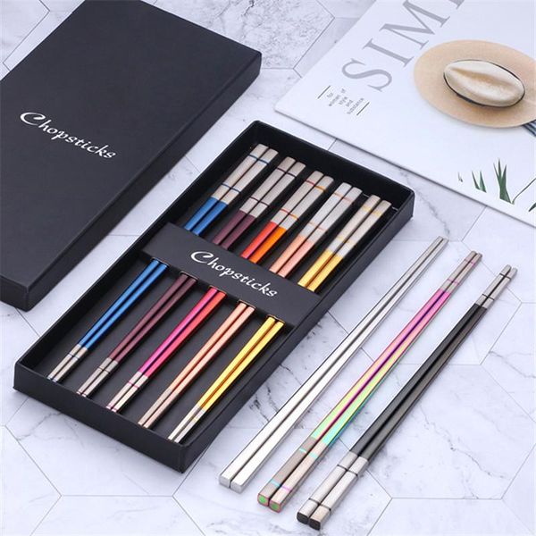 

dinnerware sets 5pairs japanese-style stainless steel non-slip sushi chopsticks set with black gift box creative tableware kitchen tools