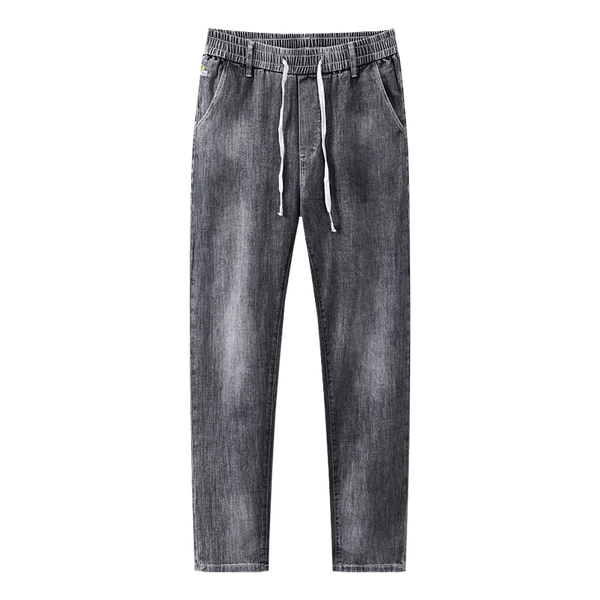 

men's jeans autumn 2021 stretch slim fit cotton washed grey baggy elastic waist drawstring casual denim pants streetwear trouser, Blue
