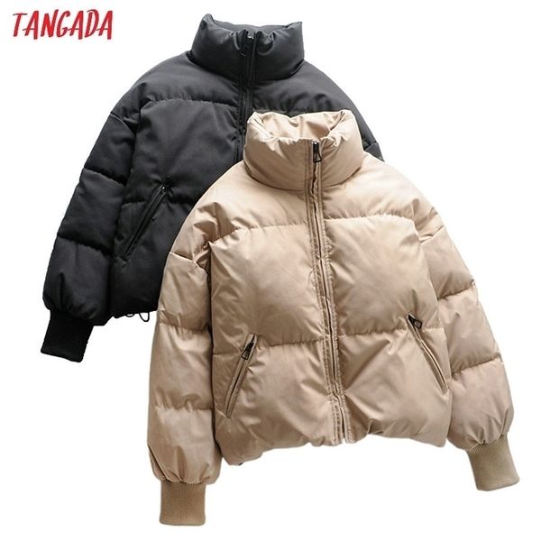 

tangada women solid khaki oversize parkas thick winter zipper pockets female warm elegant coat jacket 6a120 210916, Black