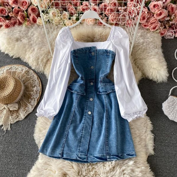 

casual dresses spring autumn women square neck dress single breasted patchwork vintage denim mini, Black;gray