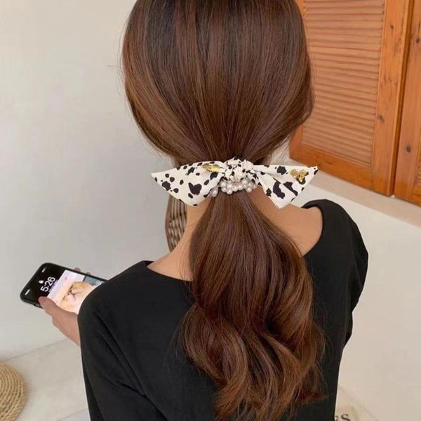 

hair accessories women rubber band pearl streamer washing headband ponytail bands headwear elastic beaded bow rope ring, Slivery;white