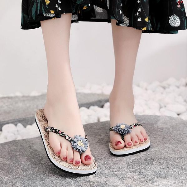 

slippers for women summer fashion flat beach woman flip flops matching flowers non-slip wood grain, Black