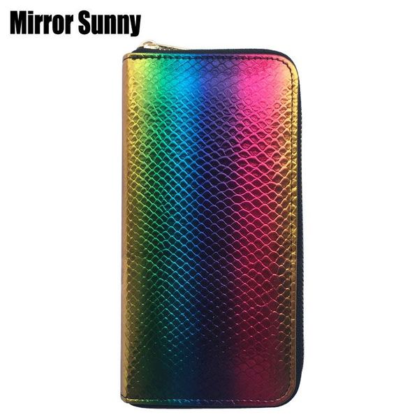 

wallets fashion women's long wallet shiny pu leather rainbow color female clutch zipper large capacity mobile bag carteiras, Red;black