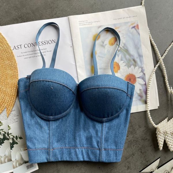 

singreiny women retro denim strap crop sleeveless backless bra corset party y2k summer off shoulder slim camisole 210419, White