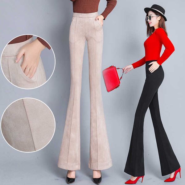

women's pants & capris korean fashion stretchy suede women autumn winter elegant ladies trousers high waist casual flared pantalon, Black;white