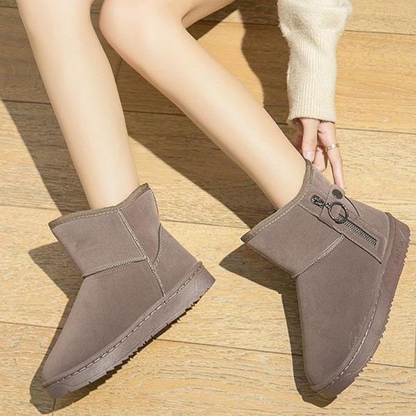 

boots women flat short ladies casual ankle winter keep warm shoes women's zippers flock platform female sewing snow botas, Black