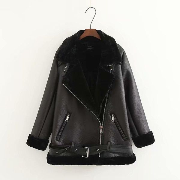 

women's leather & faux fur autumn and winter thickened integrated locomotive coat women, Black