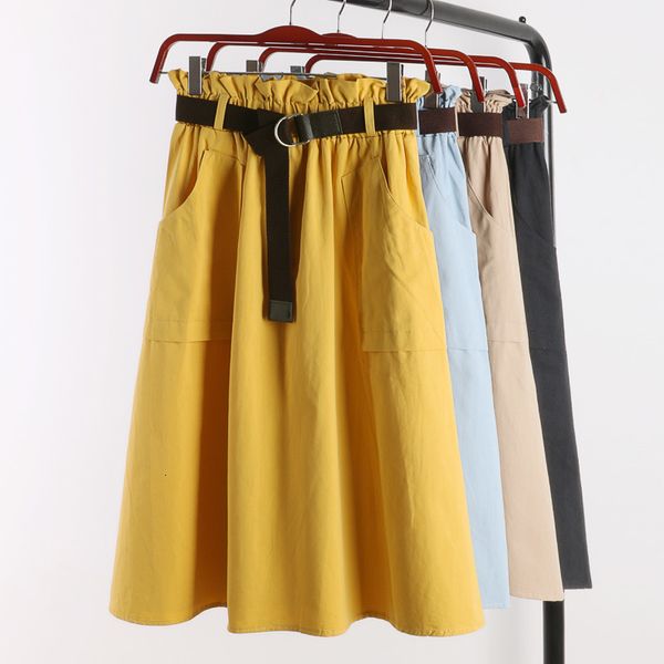 

skirts spring summer cotton a-line mid-length skirt with belt women's high waist pocket sashes preppy pleated midi 1910, Black